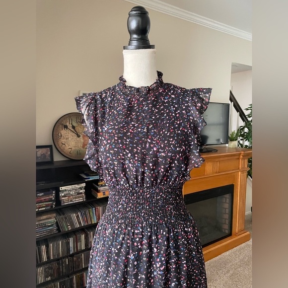 AQUA Flutter Sleeve Midi Sheer Fabric Dress Smocked Waist Confetti Print Size XS - Picture 4 of 13